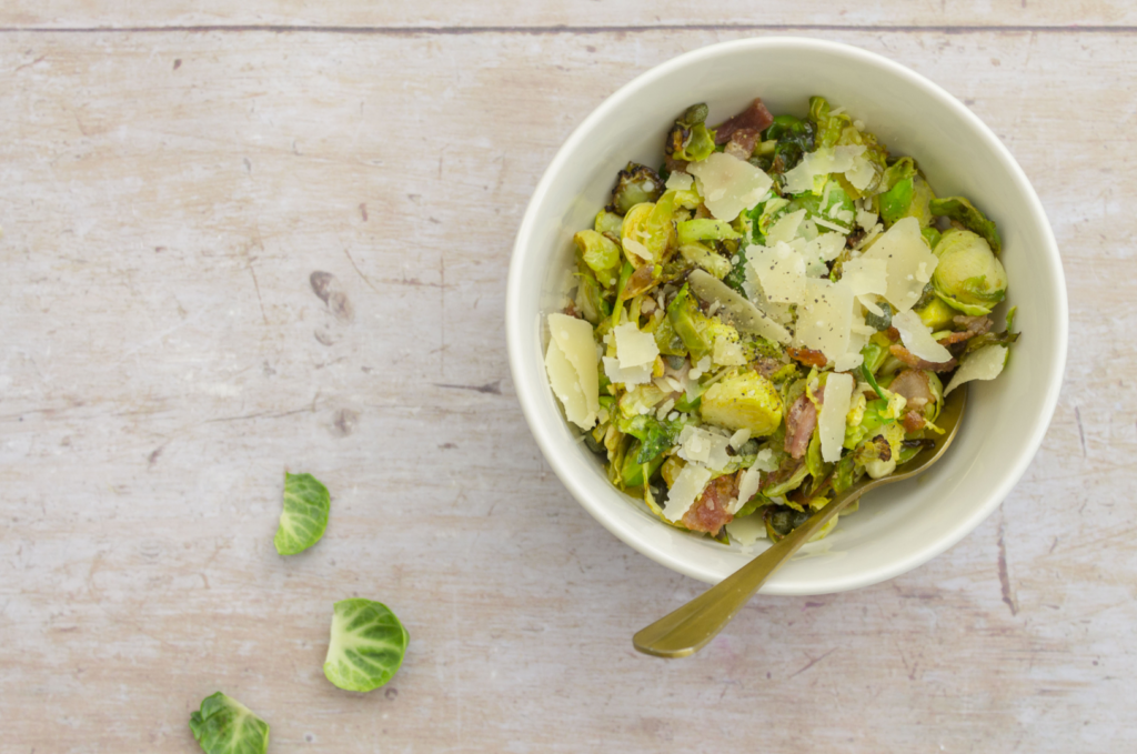 Pan Fried Sprouts with Bacon, Capers and Parmesan