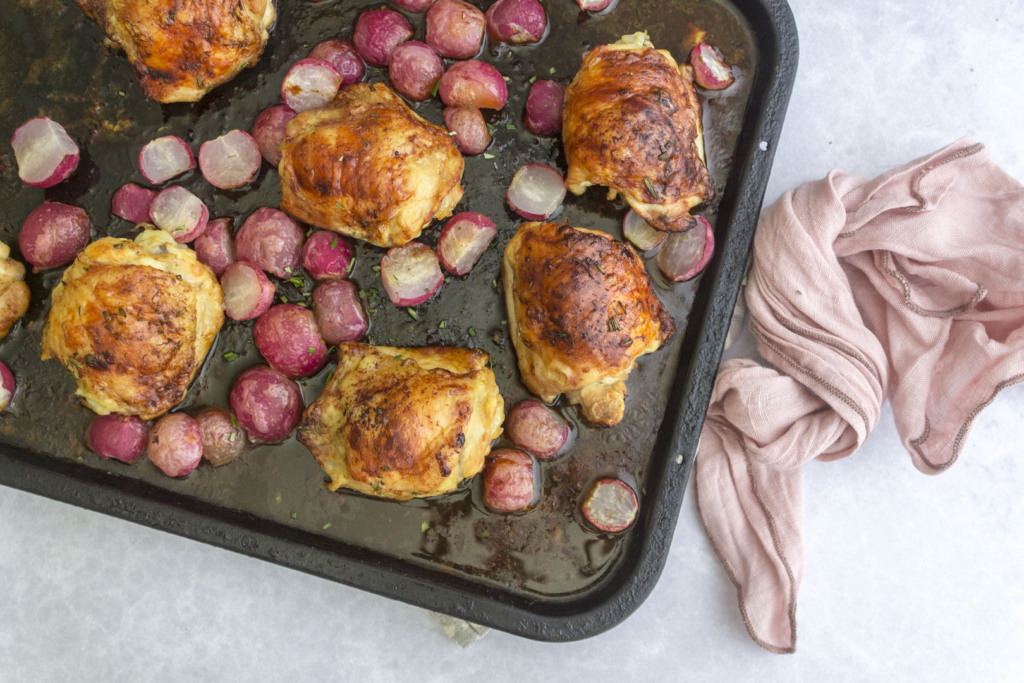 Balsamic Roasted Chicken Thighs With Radishes