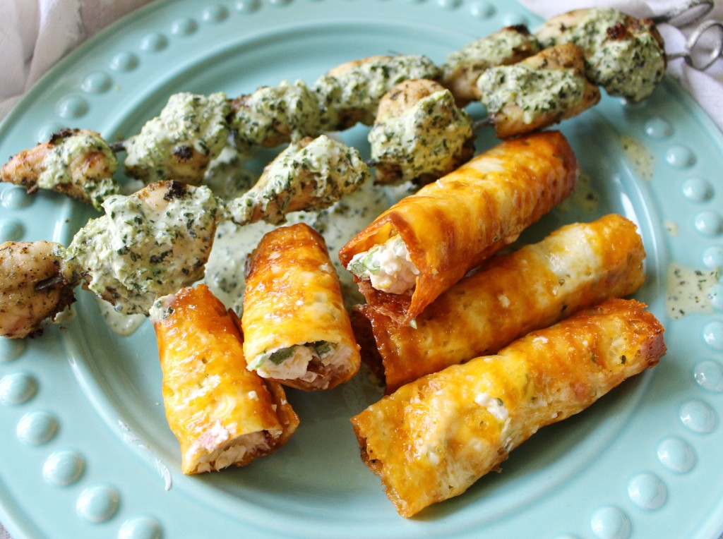 Spicy Chicken Skewers w Jalapeno Popper Taquitos