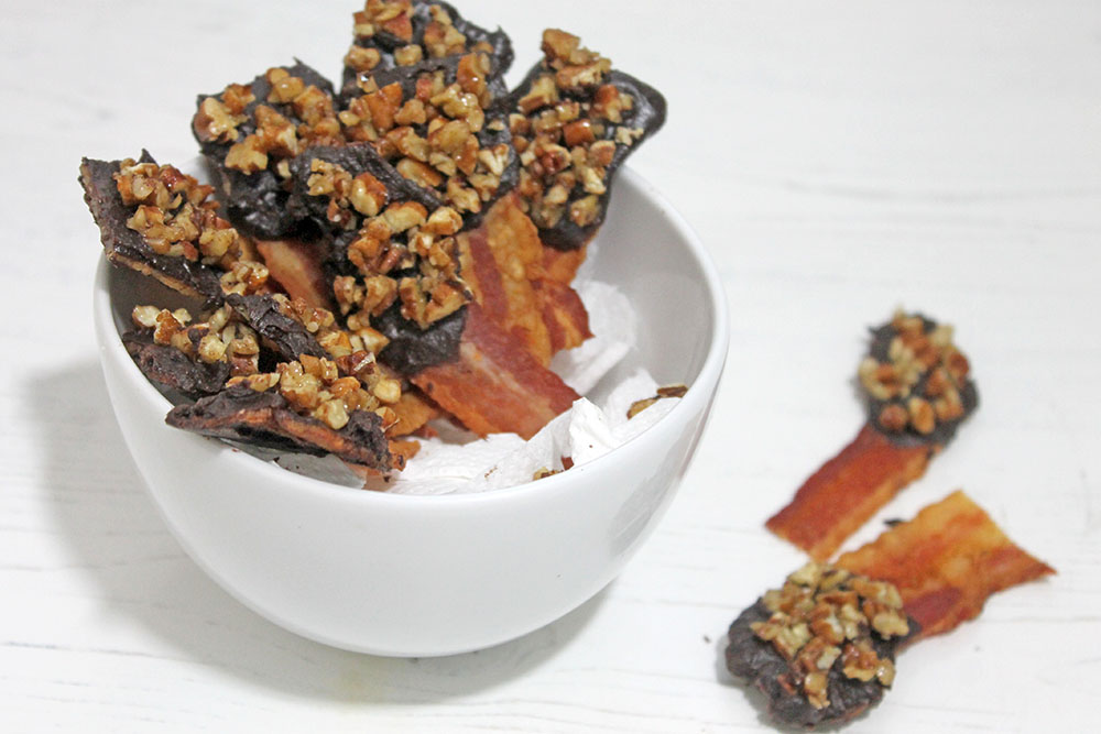 Chocolate Dipped Bacon With Maple Pecans
