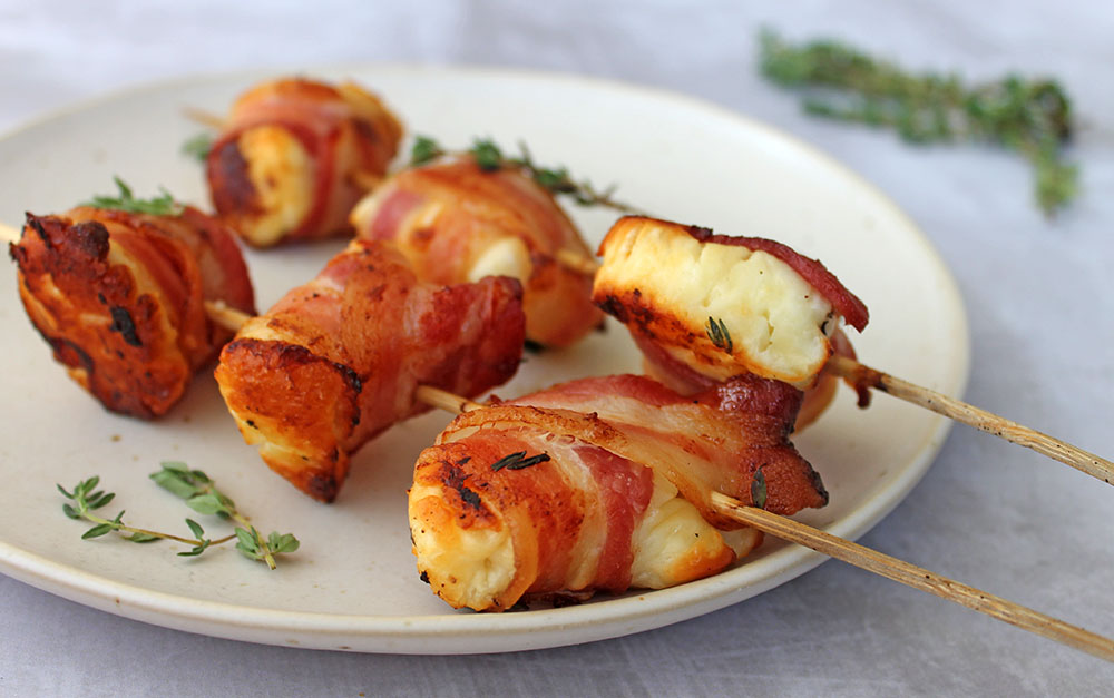 Bacon Wrapped Halloumi Skewers