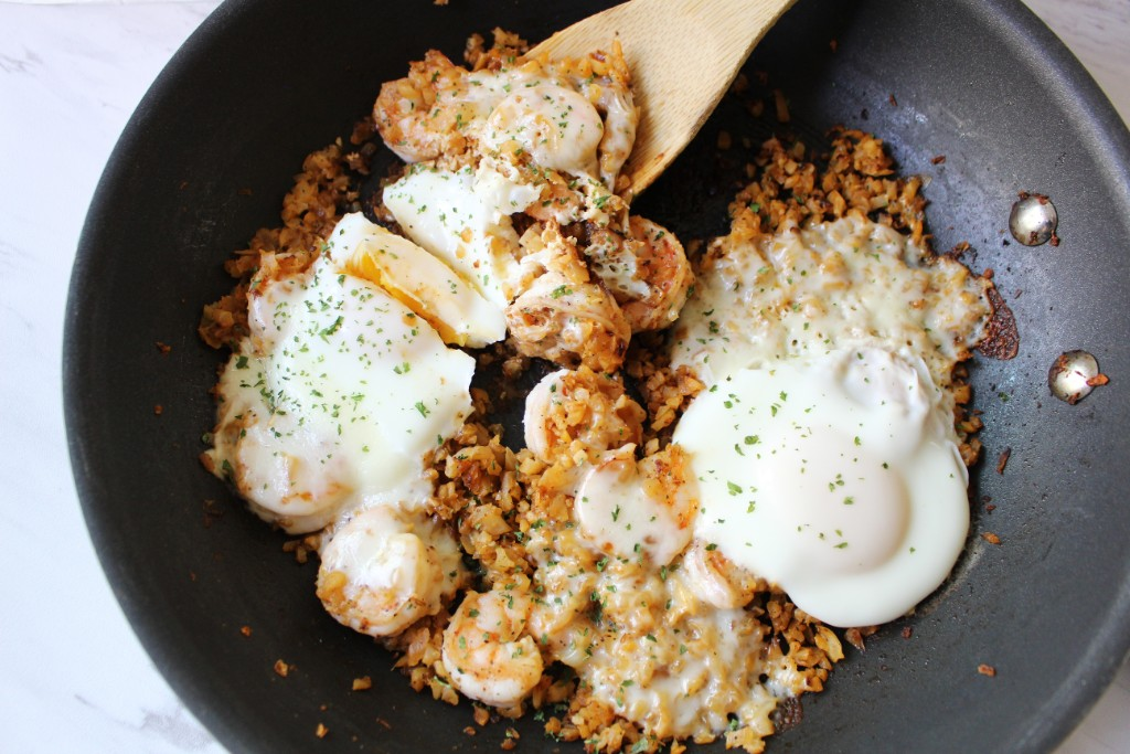 Shrimp Over Easy Egg Skillet