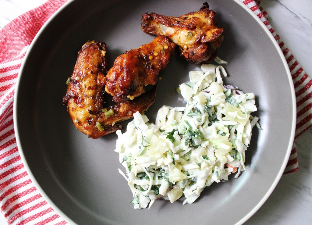 Sweet Jalapeno Roasted Chicken Wings w Pineapple Coleslaw