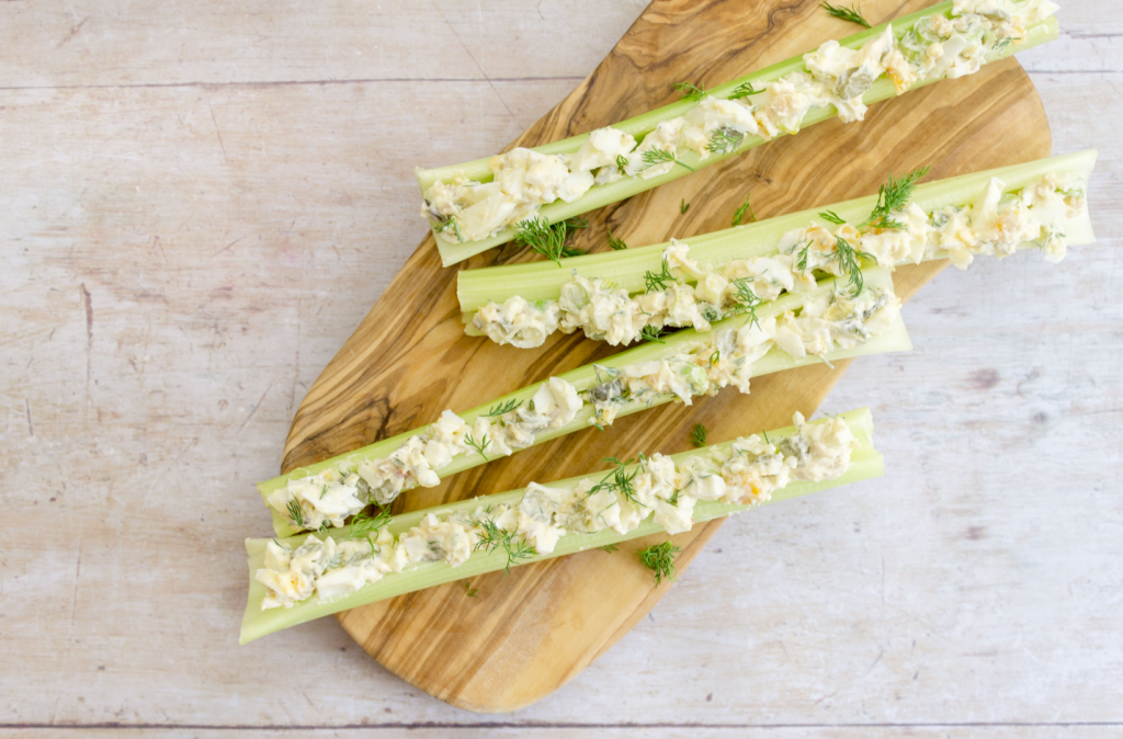 Dill Pickle Egg Mayo Stuffed Celery Stalks