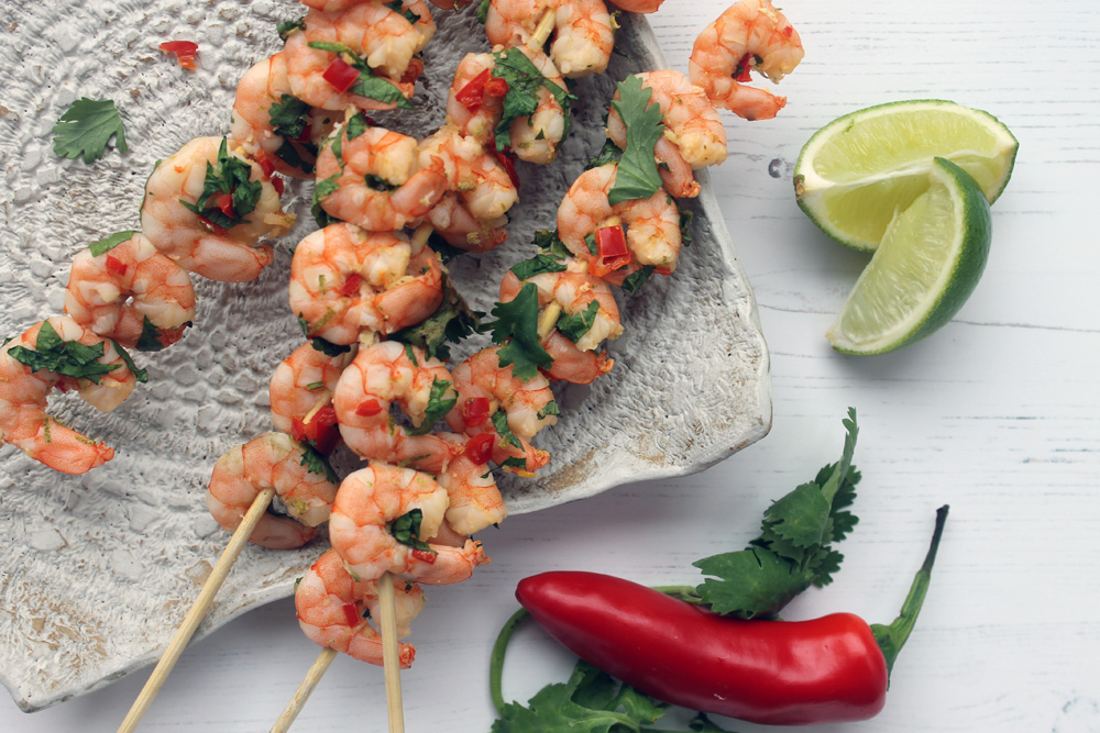 Lime, Chilli And Cilantro Jumbo Shrimp Skewers