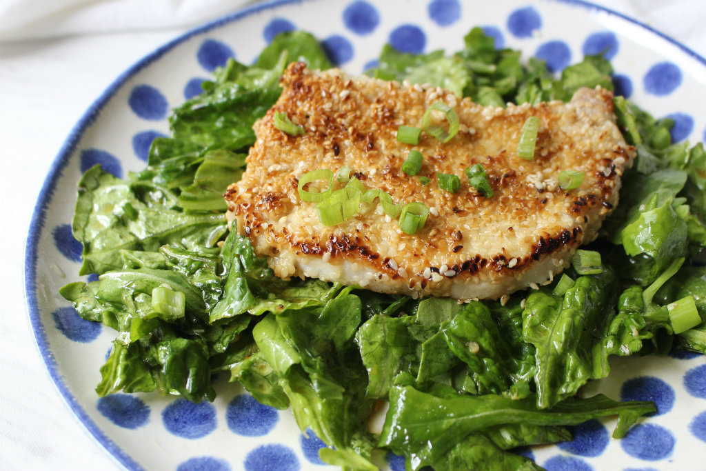 Sesame Crusted Pork w Ginger Scallion Greens