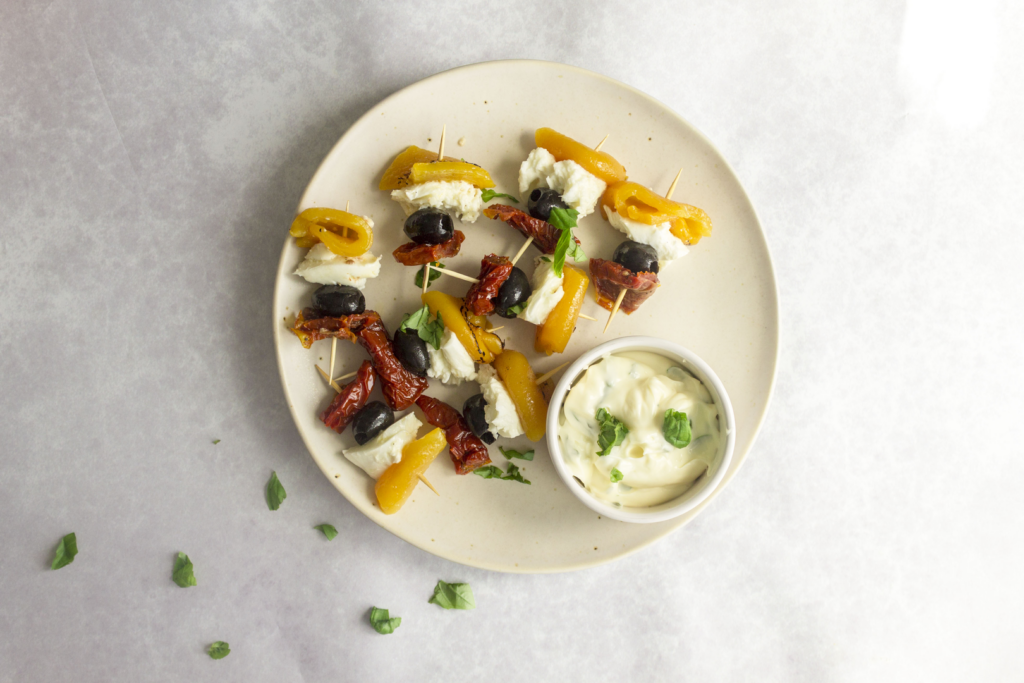 Mozzarella Skewers with Lemon Basil Mayo