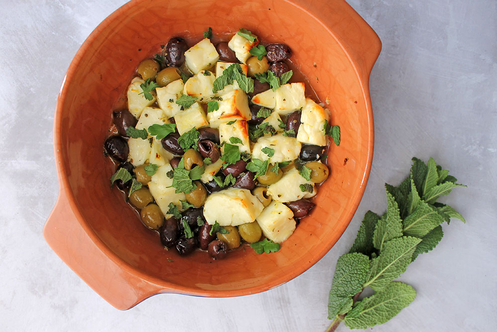 Baked Olives with Halloumi