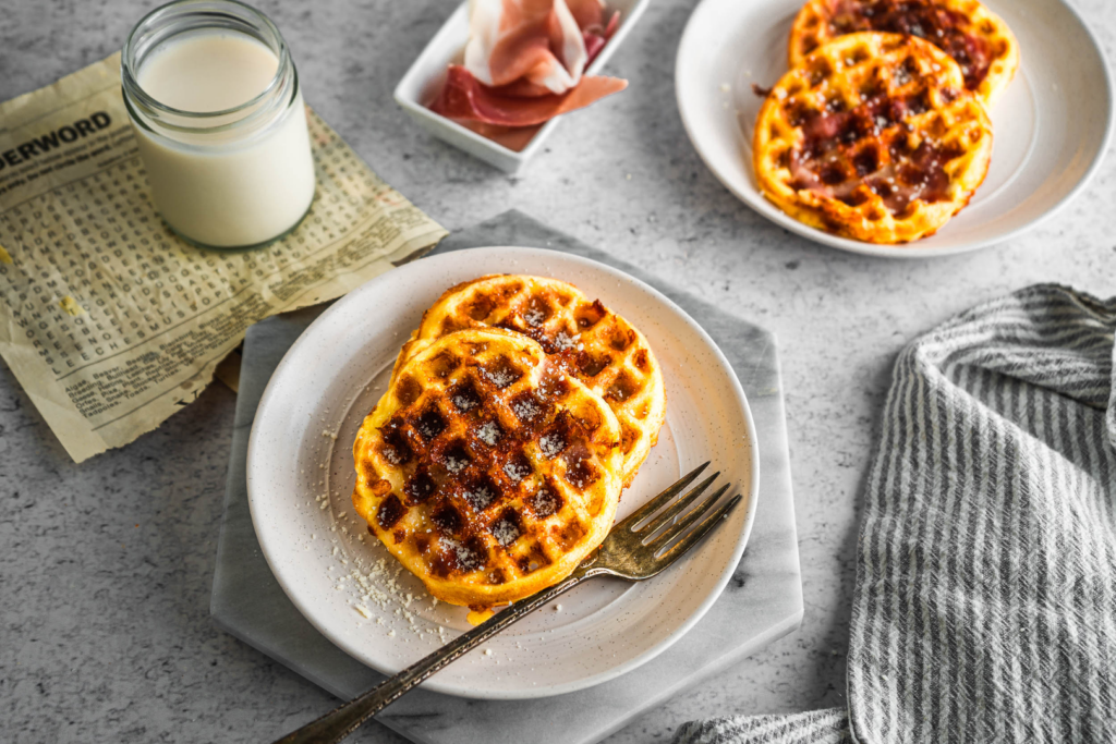 Cheese Waffle with Egg and Prosciutto